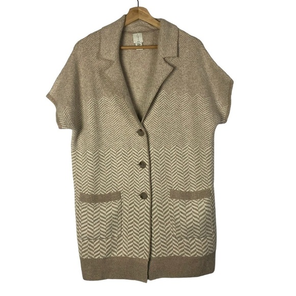 Joie Light Brown Chevron Printed Short Sleeve Cardigan Sweater M - Picture 1 of 4